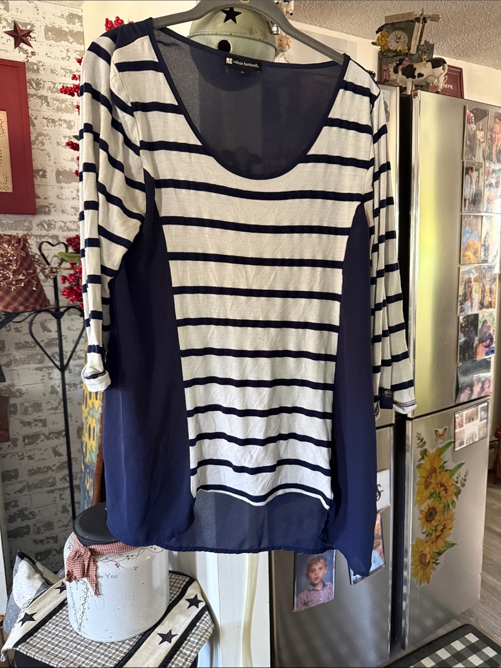 Valerie Bertinelli Navy and White Striped Scoop Neck Top with Solid Navy Panels